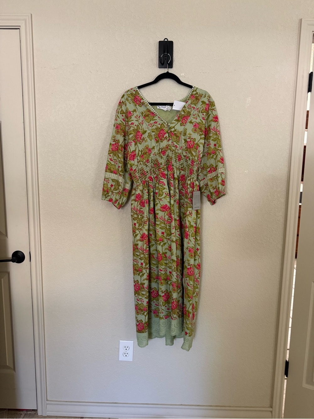 Floral Smocked Midi Dress in Light Green with Pink Blooms